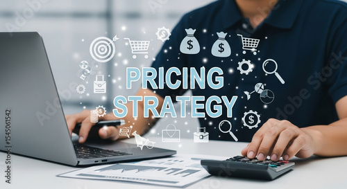 Man working on pricing strategy with laptop calculator and data charts on a bright white desk space