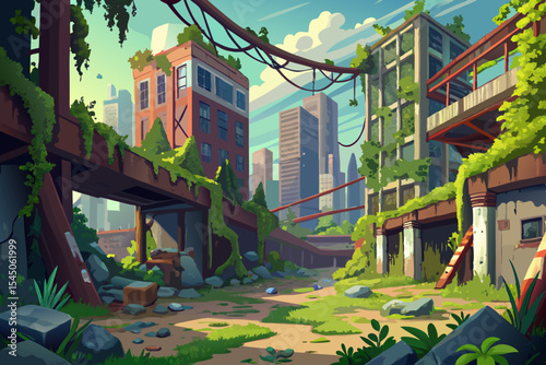 Abandoned urban district reclaimed by nature, vines crawling over rusted steel and concrete