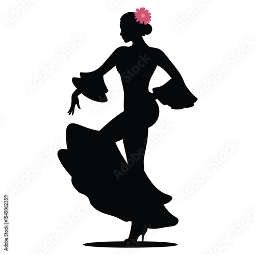 woman in Flamenco heel stomp dance pose, A striking black silhouette of a woman performing a flamenco dance.