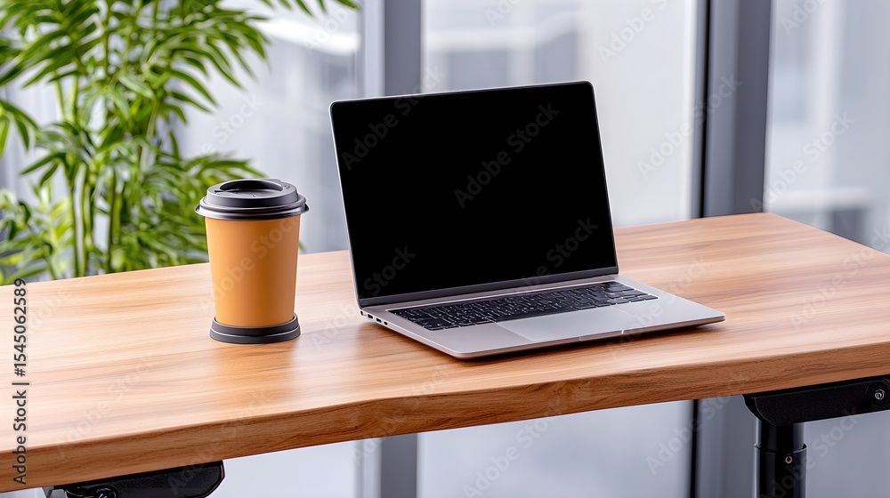 Fototapeta premium Remote work setup laptop and coffee on a desk modern office still life bright environment casual viewpoint