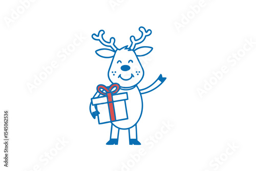 Cartoon reindeer happily waves while carrying a christmas present, outlined in blue