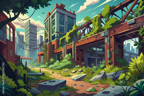Abandoned urban district reclaimed by nature, vines crawling over rusted steel and concrete
