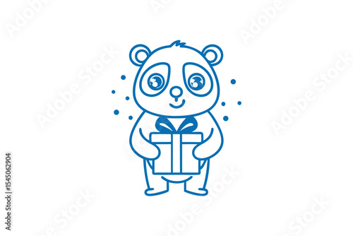 Adorable panda outline holds a gift box outlined in blue, with polka dots