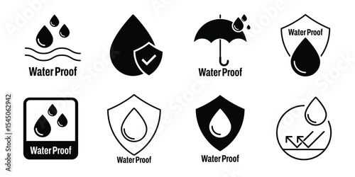 Waterproof protection symbol drop safety resistant icon set for material durability coating product weather secure shield rainproof label.