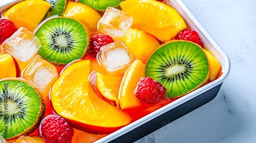 Refreshing fruit jelly dessert with kiwi raspberries and peaches in a modern kitchen setting