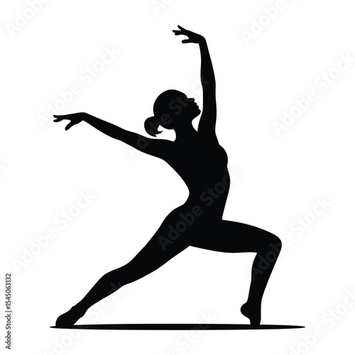 woman in Expressive arm reach dance pose, A striking silhouette of a female gymnast in a dynamic pose, showcasing athleticism and grace.