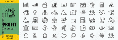 Financial profit line icon set. Containing Money income, money savings, earnings, money, cash, investment, financial growth and more. Editable stroke. Vector illustration