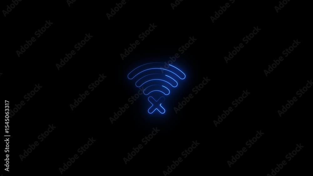 Glowing neon Wi-Fi no signal indicator, network error icon , wifi symbol logo, a sign for wireless internet.Wi-Fi no internet connection animated on a black background.