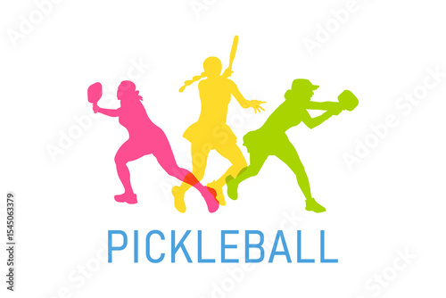 Vibrant Women's Pickleball Illustration in Bright Colors, colorful vector editable pickleball player poses for any graphic background