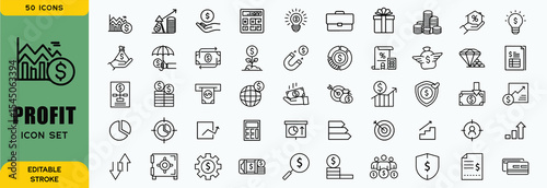 Financial profit line icon set. Containing Money income, money savings, earnings, money, cash, investment, financial growth and more. Editable stroke. Vector illustration