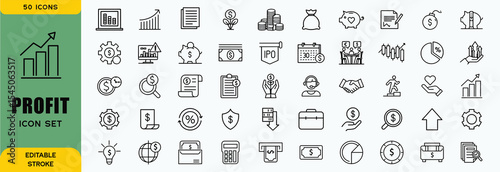 Financial profit line icon set. Containing Money income, money savings, earnings, money, cash, investment, financial growth and more. Editable stroke. Vector illustration