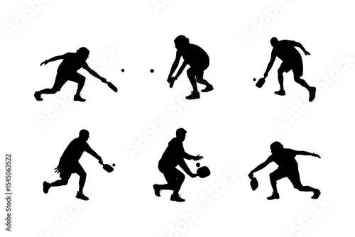 Pickleball Male Player Silhouettes Collection Set of 6 Poses, Vector Set of Men Playing Pickleball in Action Silhouettes