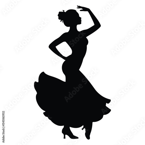 woman in Flamenco heel stomp dance pose, A captivating black silhouette of a flamenco dancer in a dynamic pose.