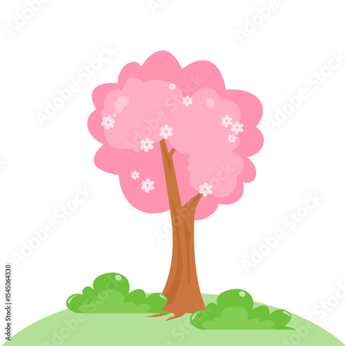 Cute spring tree cartoon. Pink japanese sakura tree. Spring theme decoration. Season element. Can be used for wallpaper, sticker, kid and wedding decoration