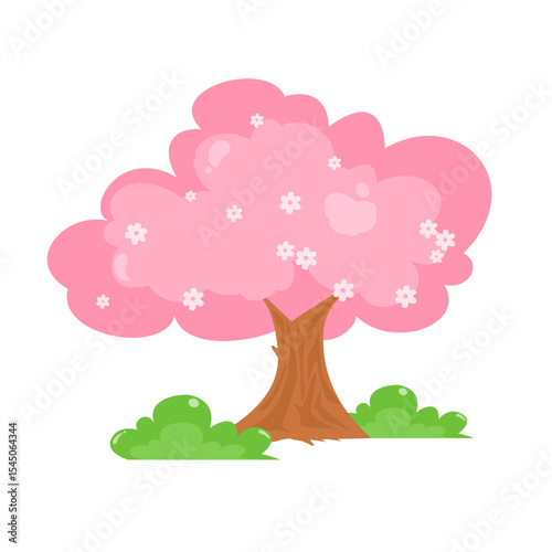 Cute spring tree cartoon. Pink japanese sakura tree. Spring theme decoration.  Forest element. Can be used for wallpaper, sticker, kid and wedding decoration