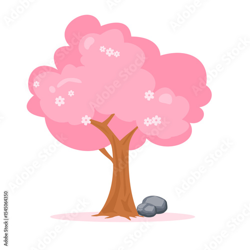 Spring tree cartoon. Pink japanese sakura tree. Spring theme decoration.  Tree variaton. Can be used for wallpaper, sticker, kid and wedding decoration