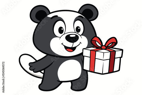 Cartoon skunk mascot smiles as it carries a white present box with red ribbon
