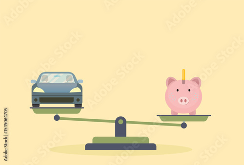 Financial decision showing a scale weighing a pink piggy bank with savings against a new car
