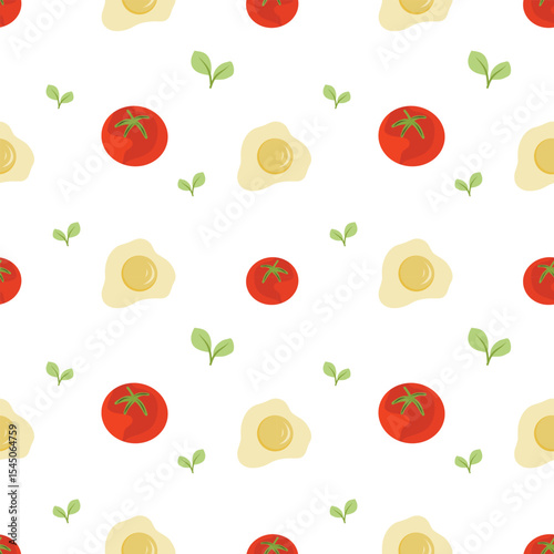 Seamless Pattern with Fried Eggs, tomatoes and greens on a white background. Balanced Breakfast concept. Ingredients for healthy breakfast