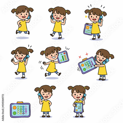 Child's Joyful Connection: A playful compilation of a young girl engaged with communication tools. Each scene radiates a child's wonder with digital devices.
