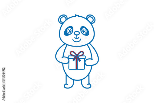 Blueoutlined panda with a happy face holds a gift with a red ribbon
