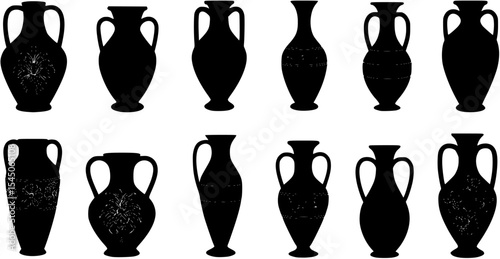 vase silhouette set, vase vector collection, diverse vase designs, ancient, ceramic, potter, amphora, . Ideal for interior design, art decor, elegant visuals