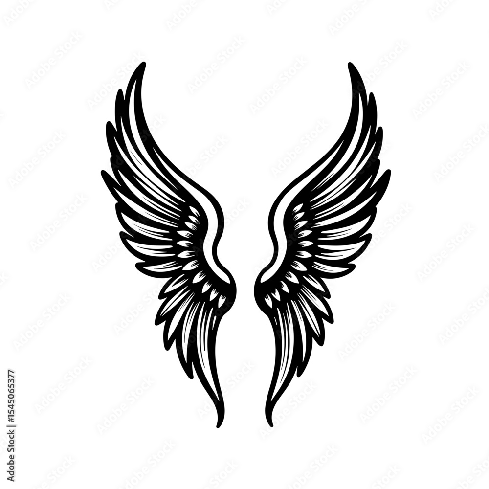 Obraz premium Pair of black and white wings shown on a white background, meant to represent freedom, strength, and flight, ideal for a tattoo design or other artwork.