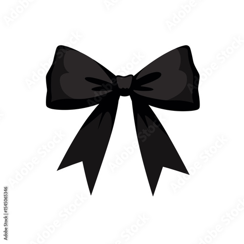 A black ribbon bow is isolated on a white background and symbolizes style, elegance, mourning, Halloween and formal occasions, with copy space.
