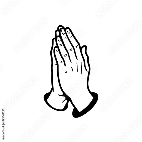 A pair of hands in a praying position presented in black and white serves as a sign of reverence and is perfect for religious material or design with copy space.