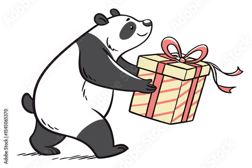 Cartoon panda walking cheerfully while holding a festive present with pink ribbon