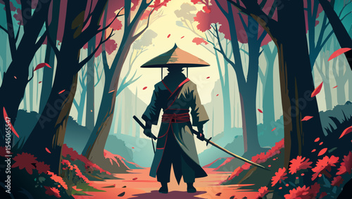 Samurai warrior standing in a colorful autumn forest