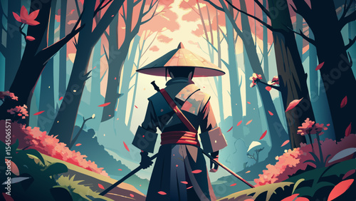 A samurai in a forest with falling leaves and trees