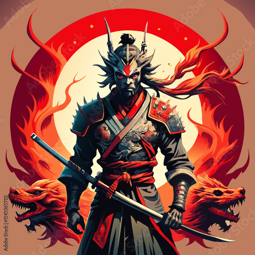 Illustration of a warrior with dragons and a katana
