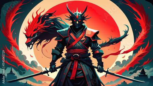A warrior stands with dragon and moon behind him