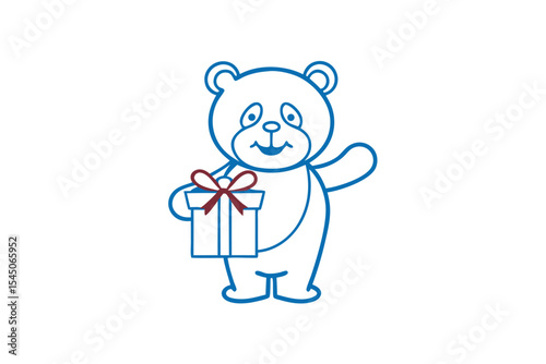 Cartoon teddy bear outlines present stands waving with a happy face on a white background