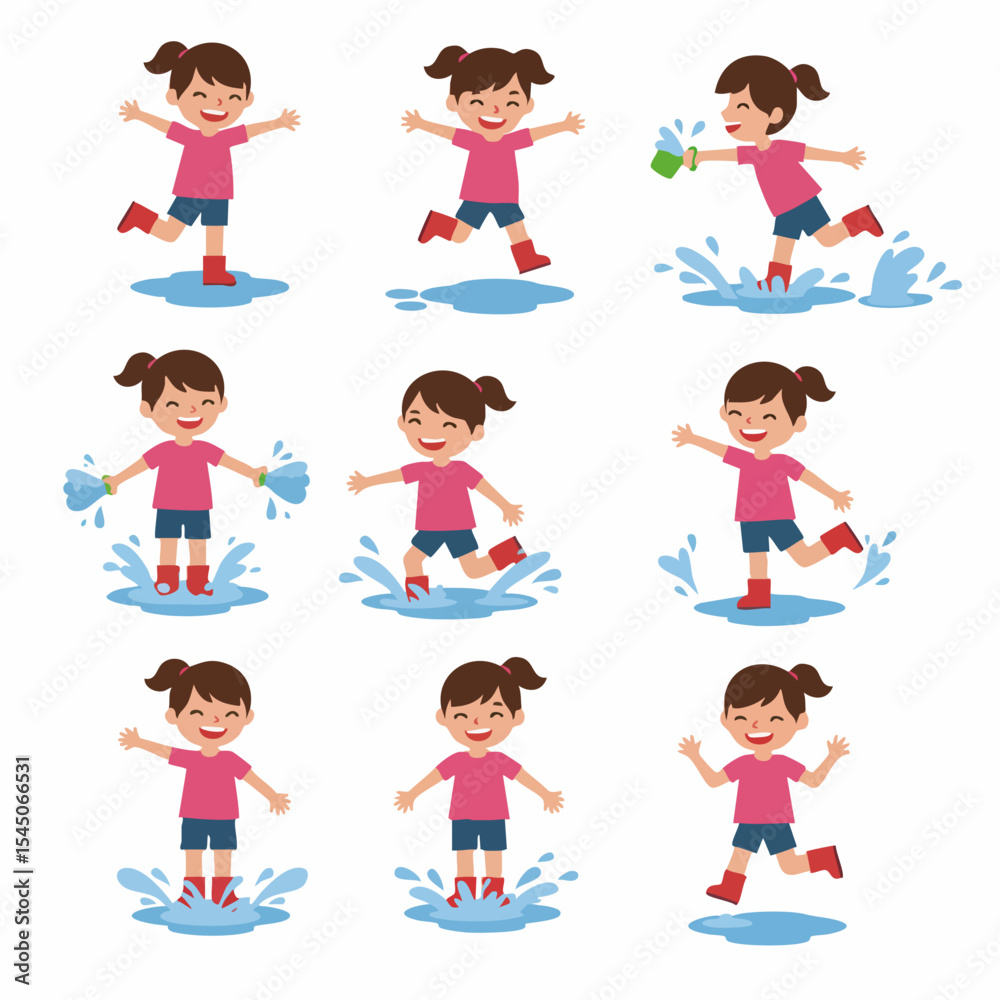 Joyful Playtime: A cheerful little girl immerses herself in the exuberance of splashing, leaping, and having fun in the rain. Showcasing the unbound happiness of childhood. Joyful Playtime: A cheerful little girl immerses herself in the exuberance of splashing, leaping, and having fun in the rain. Showcasing the unbound happiness of childhood.