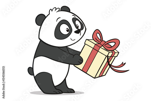 Cartoon panda lovingly carries a charming, ribbon adorned present, showcasing its delightful features