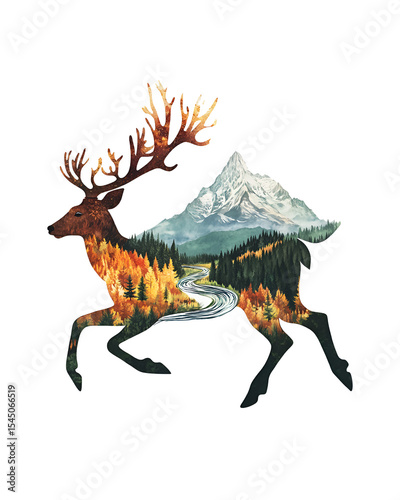A deer with horns runs through, with a forest and a winding river on its body