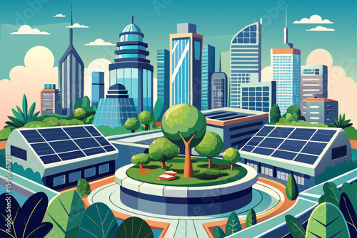 Rooftop gardens atop eco-skyscrapers in a solar-powered utopian city