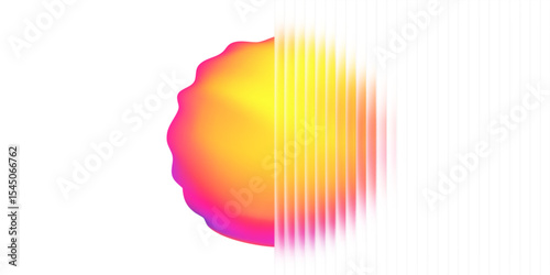 Glass gradient circle with neon yellow glow and reeded ribbed effect for abstract shape or tech background. Vibrant fluid blob with lines and blend. Vector with texture.