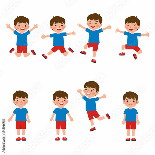 Boy's Playful Poses: Collection of charming illustrations capture a young boy's joy through a variety of energetic and endearing poses. Vivid details, radiant colors