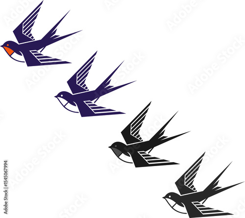 A set of swallows in a combination style with rounded shapes and straight, sharp wings and tail.