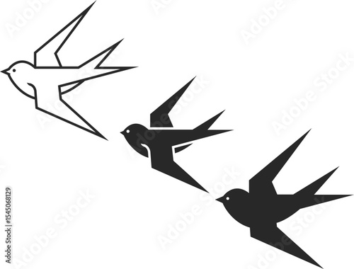  Set of swallow or small bird icons in three variations, line, isolation, silhouette in black colors.