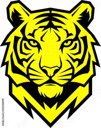  Tiger logo in stylish yellow and black colors, tiger head icon with sharp neck and bold look.