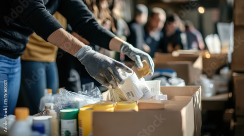 Charity volunteers filling hygiene kits with soap, shampoo, and essentials, preparing donation bags for the homeless, high-resolution humanitarian work shot —ar 16:9 