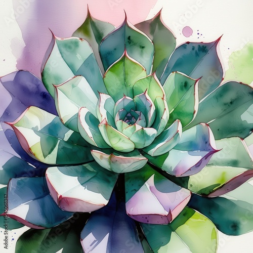 Abstract Watercolor Painting of a Succulent Plant, Decorative Design