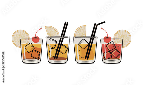 Modern vector illustration of cocktail glasses evenly spaced in a horizontal layout, lemon slices, maraschino cherries, and foam in short glasses