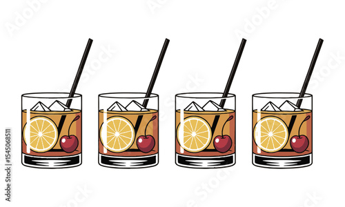 Modern vector illustration of cocktail glasses evenly spaced in a horizontal layout, lemon slices, maraschino cherries, and foam in short glasses