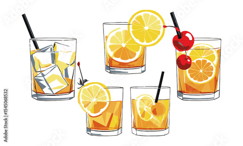 Modern vector illustration of cocktail glasses evenly spaced in a horizontal layout, lemon slices, maraschino cherries, and foam in short glasses