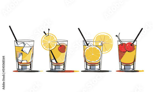 Modern vector illustration of cocktail glasses evenly spaced in a horizontal layout, lemon slices, maraschino cherries, and foam in short glasses